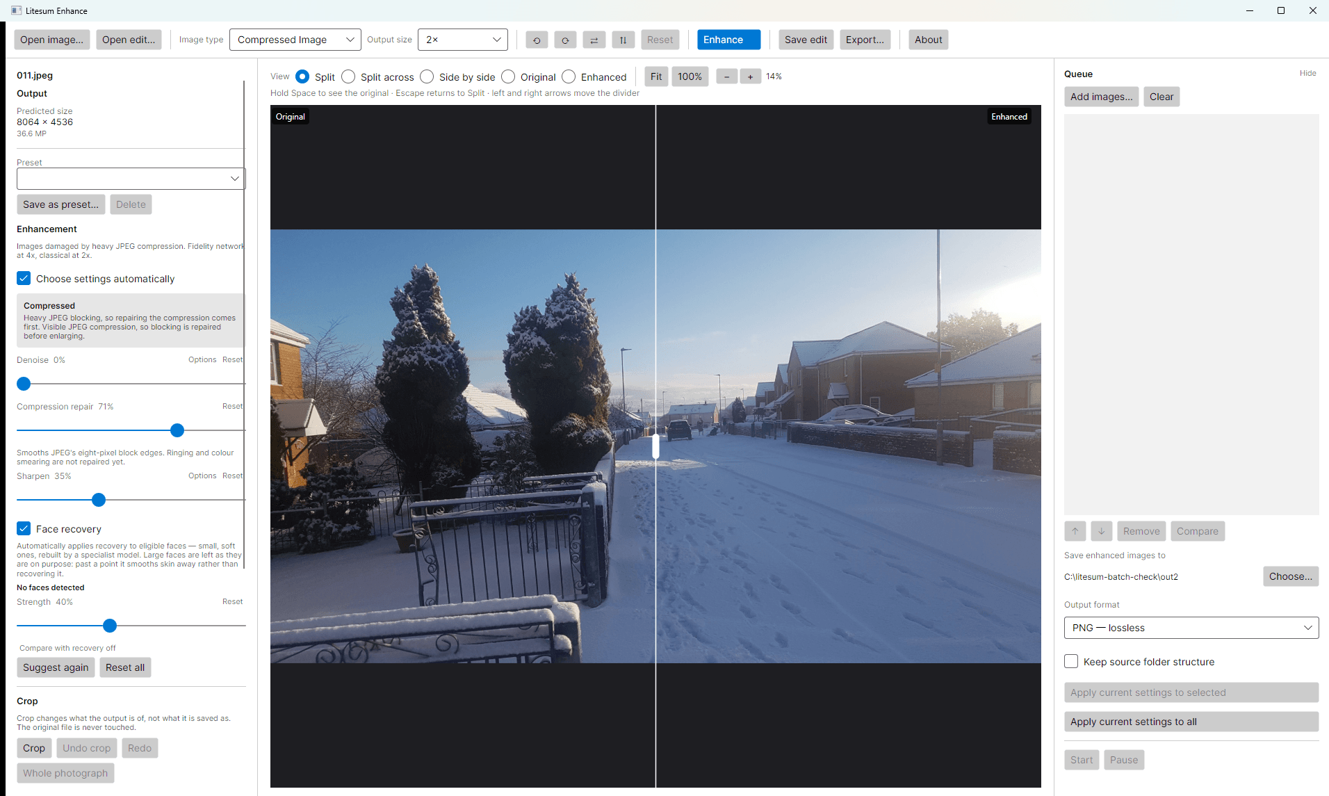 The Litesum Enhance window enlarging a snowy street 2×: settings on the left with Compressed Image chosen automatically, the split view in the centre showing the original on the left of the divider and the result on the right, and the batch queue on the right.