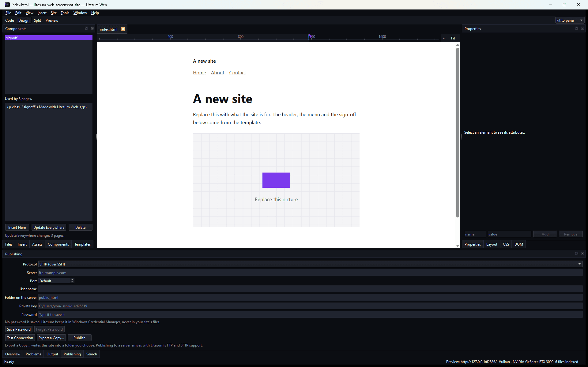 The Litesum Web window in Design view: a starter site rendered in the centre, the DOM tree and site panels on the left, properties on the right, and the HTML and CSS editors a click away.